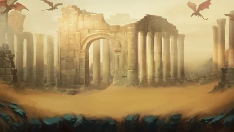 Dragon's Domain için özgün tanıtım görseli: slot oyunu düzenini soyut geometrik desenle gösterir.
