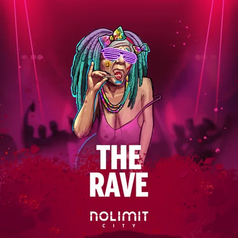 The Rave için özgün tanıtım görseli: slot oyunu düzenini soyut geometrik desenle gösterir.